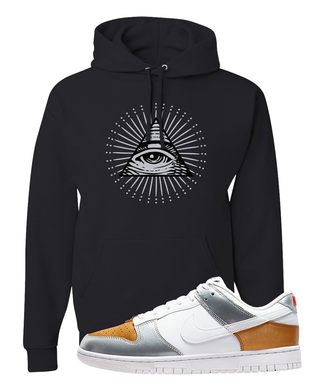 Gold Silver Red Low Dunks Hoodie | All Seeing Eye, Black