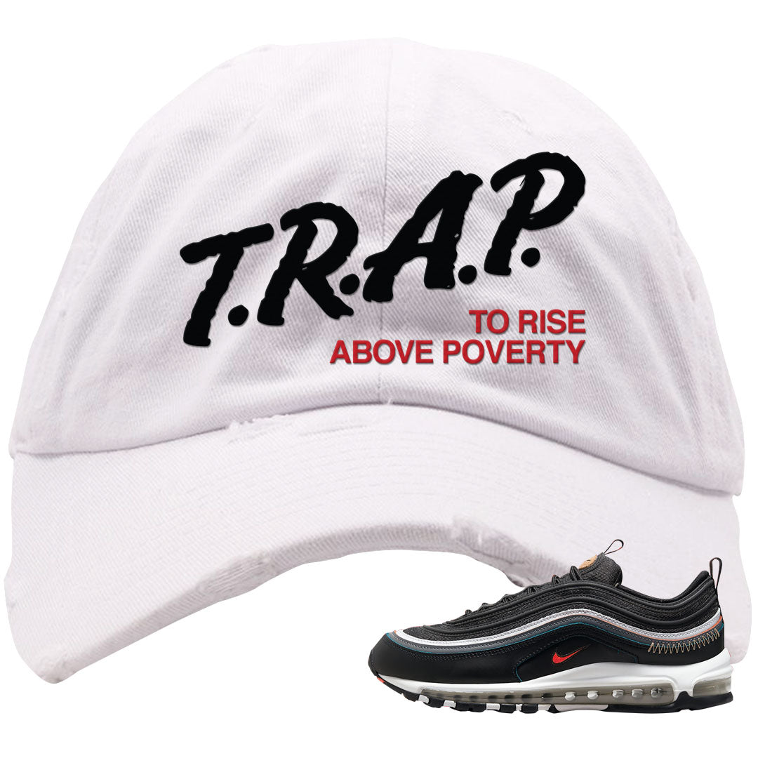 Alter and Reveal 97s Distressed Dad Hat | Trap To Rise Above Poverty, White