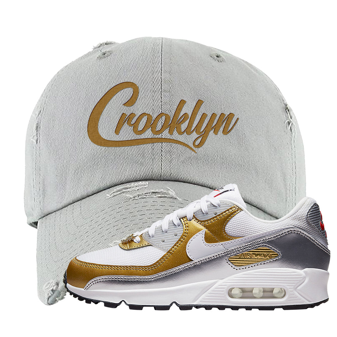 Gold Silver 90s Distressed Dad Hat | Crooklyn, Light Gray