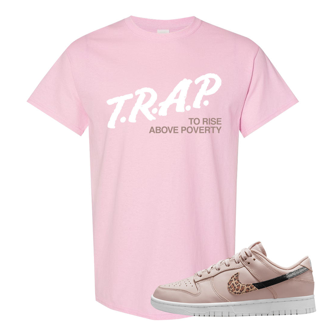 Primal Dusty Pink Leopard Low Dunks T Shirt | Trap To Rise Above Poverty, Light Pink