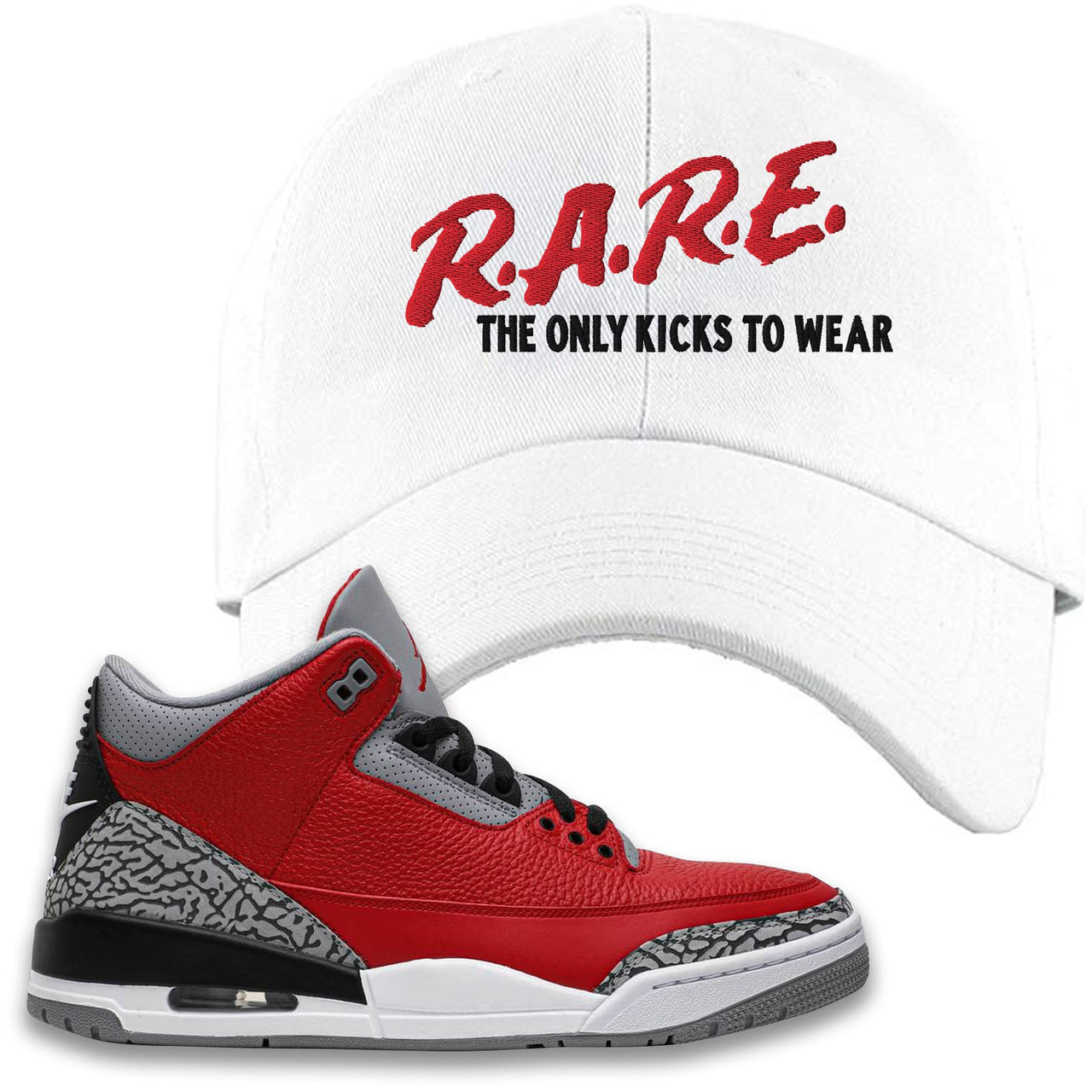 Chicago Exclusive Jordan 3 Red Cement Sneaker White Dad Hat | Hat to match Jordan 3 All Star Red Cement Shoes | Rare