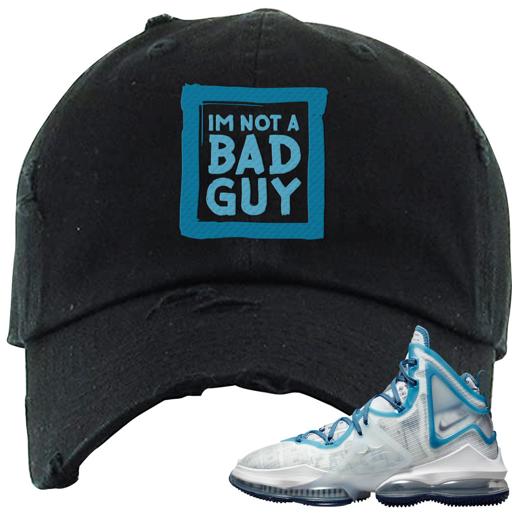 White Blue Space Bron 19s Distressed Dad Hat | I'm Not A Bad Guy, Black
