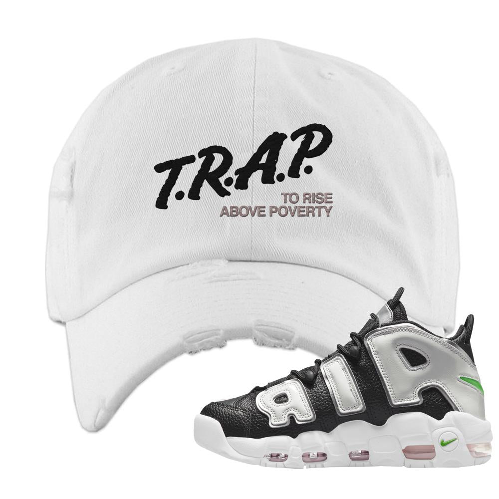 Black Silver Uptempos Distressed Dad Hat | Trap To Rise Above Poverty, White