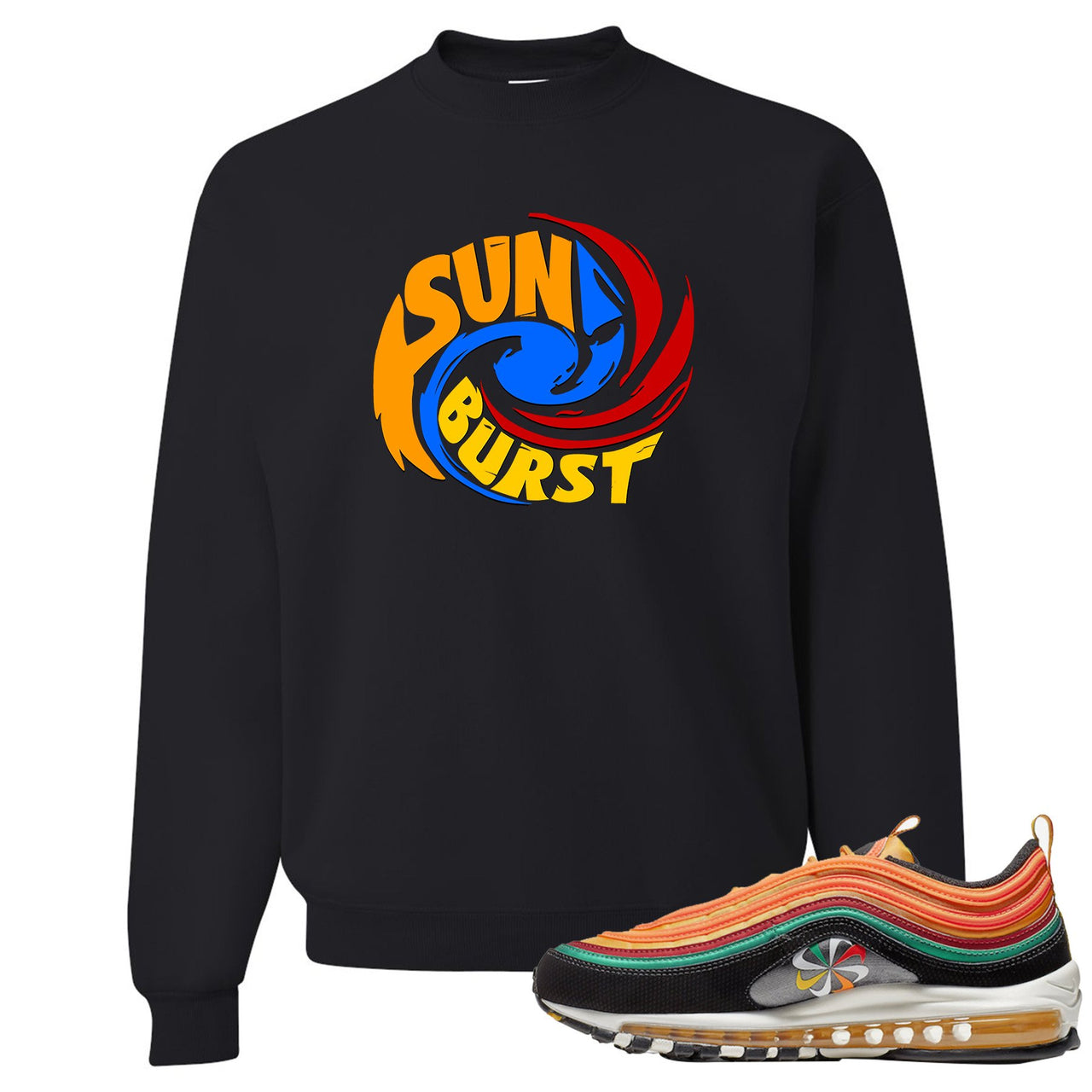 Printed on the front of the Air Max 97 Sunburst black sneaker matching crewneck sweatshirt is the Sunburst Hurricane logo