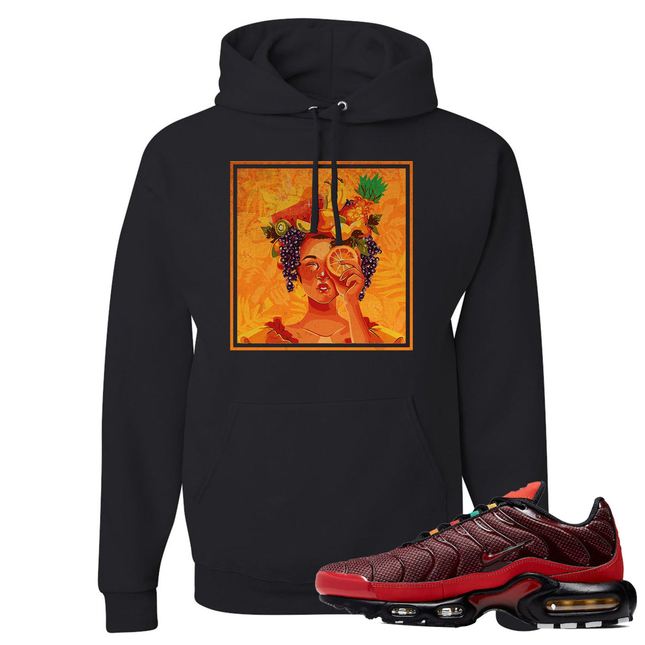 Printed on the front of the Air Max Plus sunburst sneaker matching black pullover hoodie is the lady fruit logo