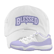 Pure Violet Low 11s Distressed Dad Hat | Blessed Arch, White