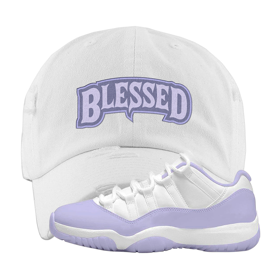 Pure Violet Low 11s Distressed Dad Hat | Blessed Arch, White