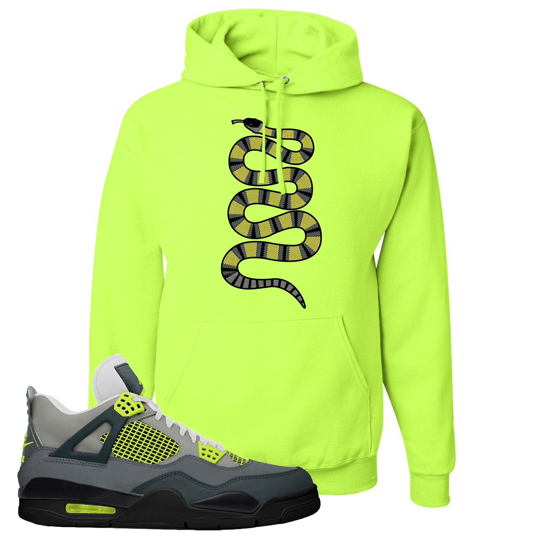 Jordan 4 Neon Sneaker Safety Green Pullover Hoodie | Hoodie to match Nike Air Jordan 4 Neon Shoes | Coiled Snake