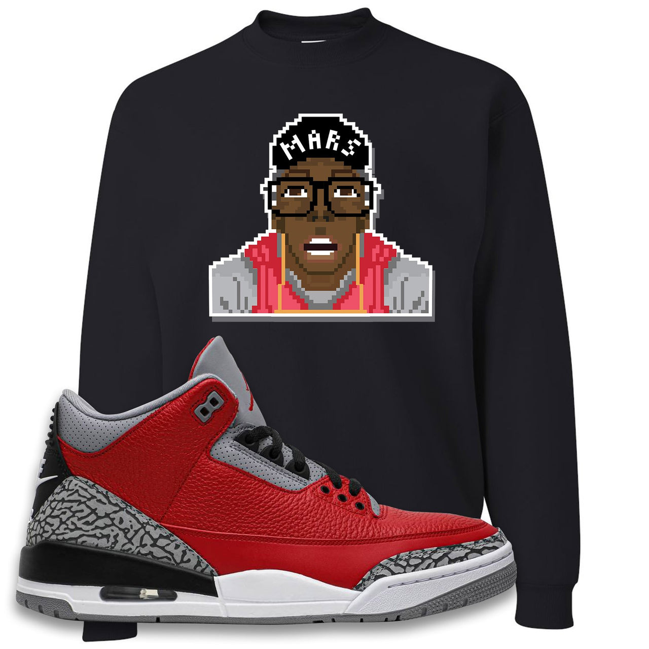 Chicago Exclusive Jordan 3 Red Cement Sneaker Black Crewneck Sweatshirt | Crewneck to match Jordan 3 All Star Red Cement Shoes | Mars Pixel