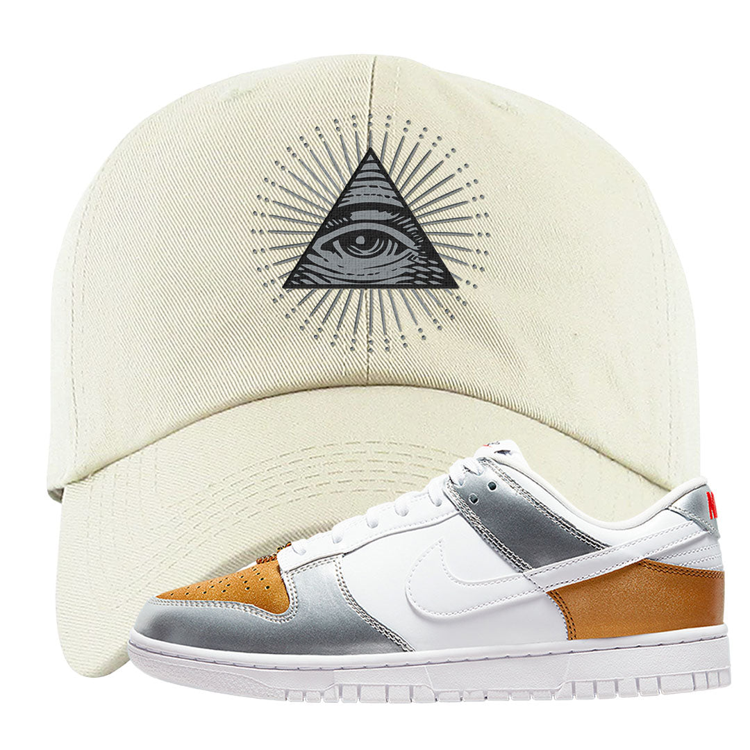 Gold Silver Red Low Dunks Dad Hat | All Seeing Eye, White