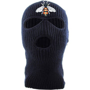Embroidered on the front of the bumblebee navy ski mask is the bumble bee logo embroidered in red, white, black, and gold