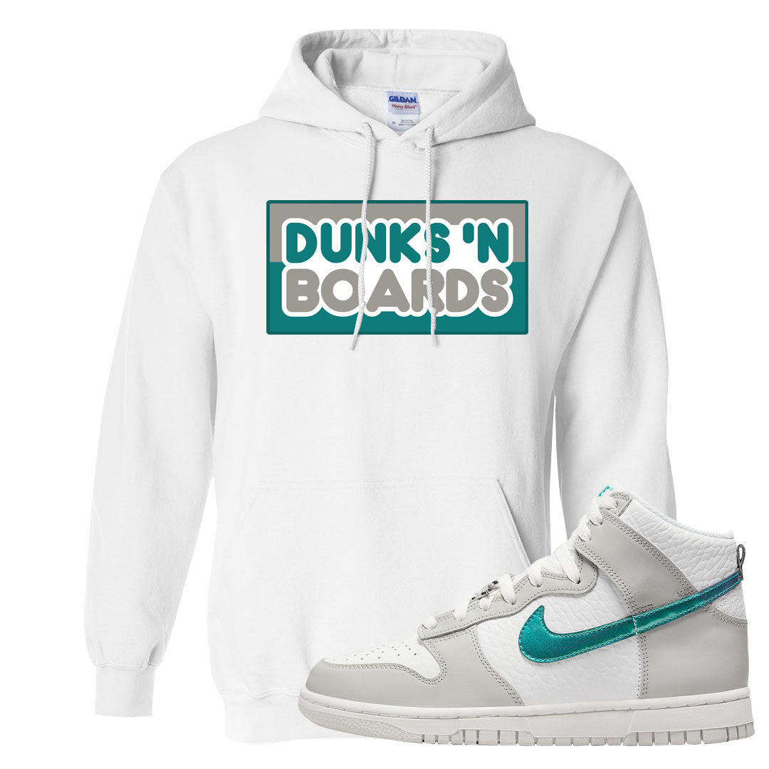 White Grey Turquoise High Dunks Hoodie | Dunks N Boards, White