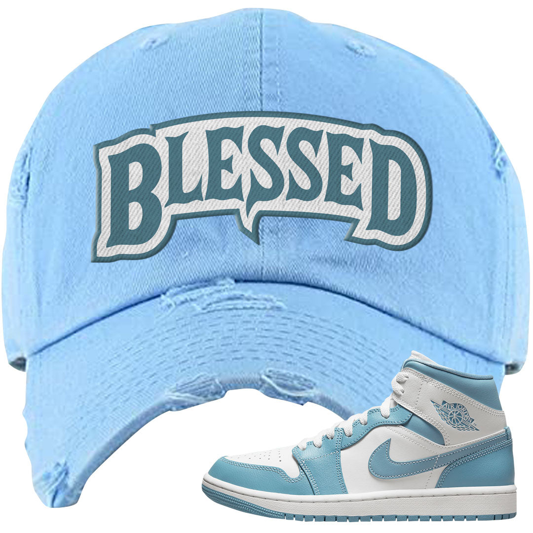 University Blue Mid 1s Distressed Dad Hat | Blessed Arch, Light Blue