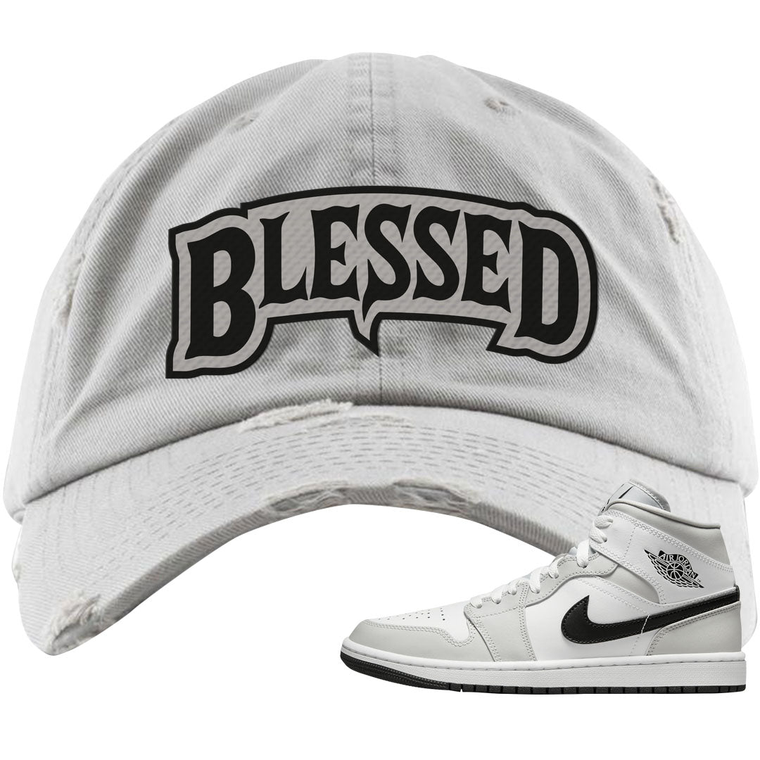 Light Smoke Grey Mid 1s Distressed Dad Hat | Blessed Arch, Light Gray
