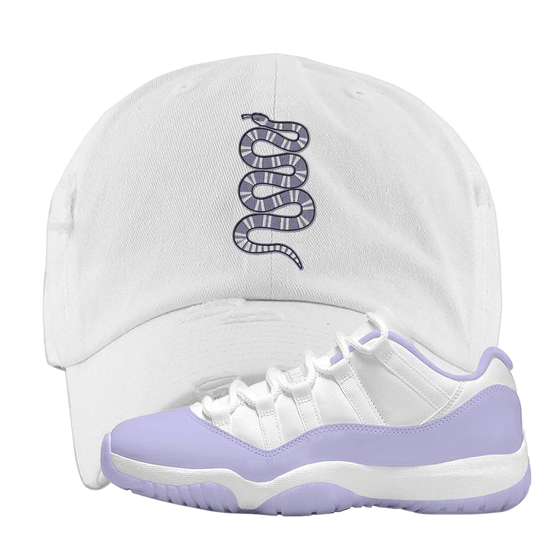 Pure Violet Low 11s Distressed Dad Hat | Coiled Snake, White