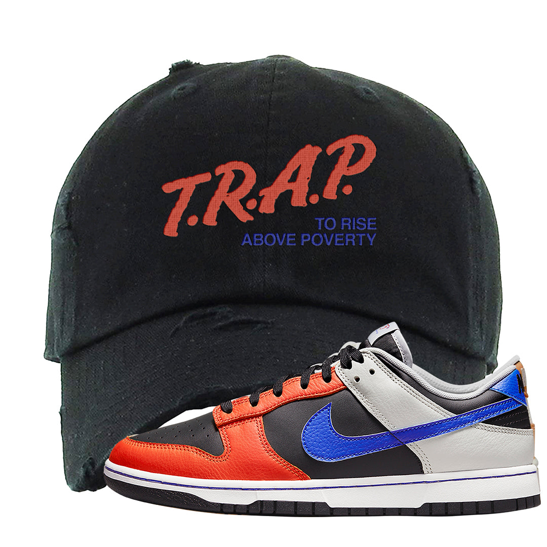 75th Anniversary Low Dunks Distressed Dad Hat | Trap To Rise Above Poverty, Black