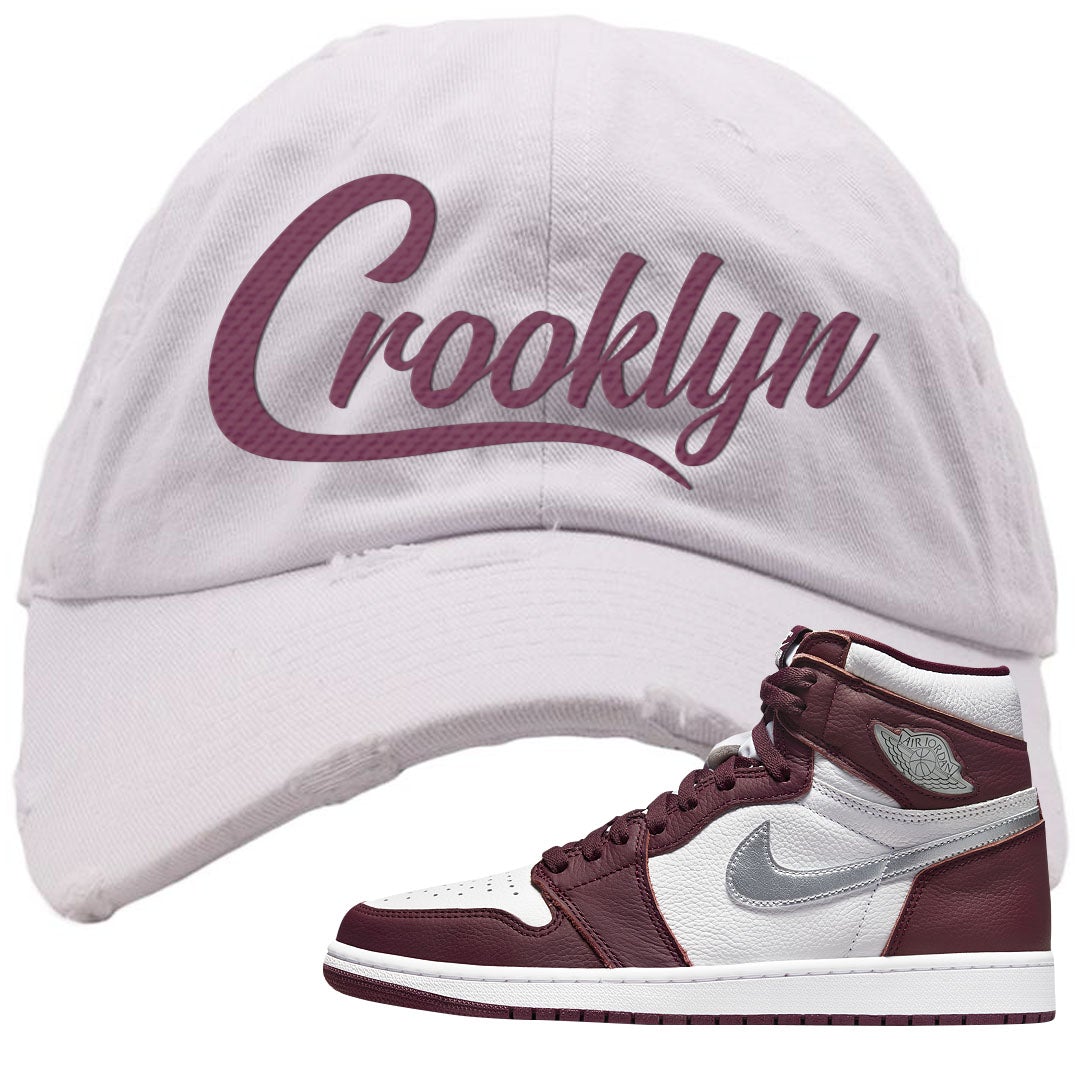 Bordeaux 1s Distressed Dad Hat | Crooklyn, White