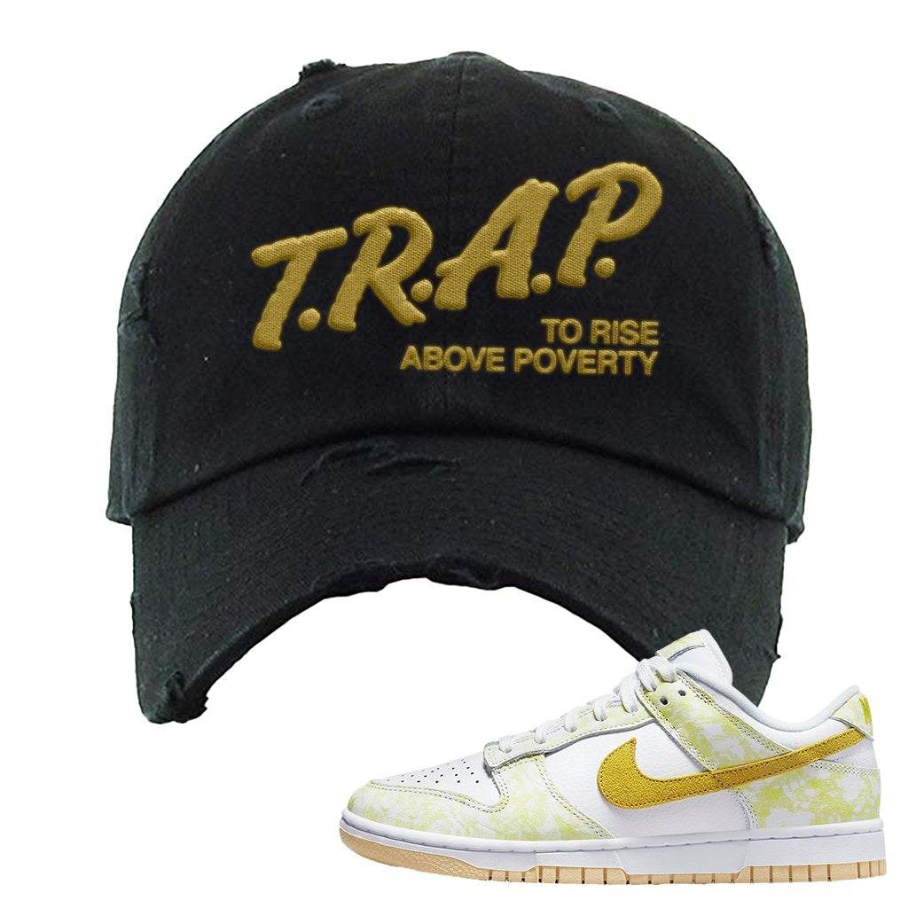 Yellow Strike Low Dunks Distressed Dad Hat | Trap To Rise Above Poverty, Black
