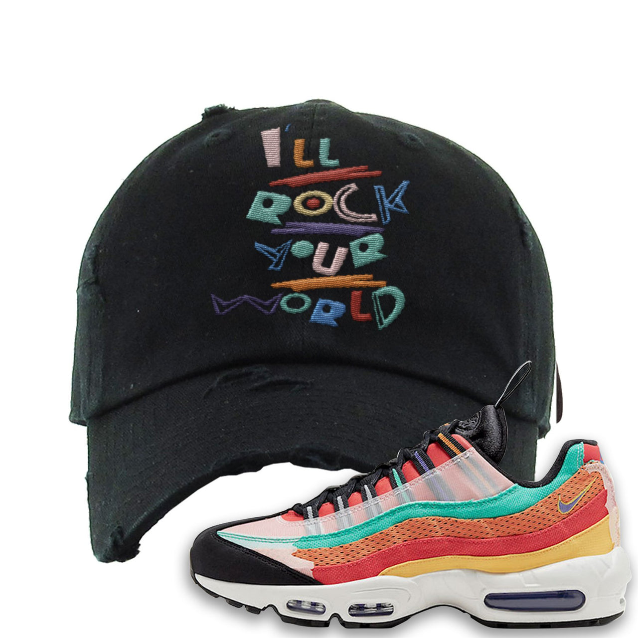 Air Max 95 Black History Month Sneaker Black Distressed Dad Hat | Hat to match Air Max 95 Black History Month Shoes | I'll Rock Your World