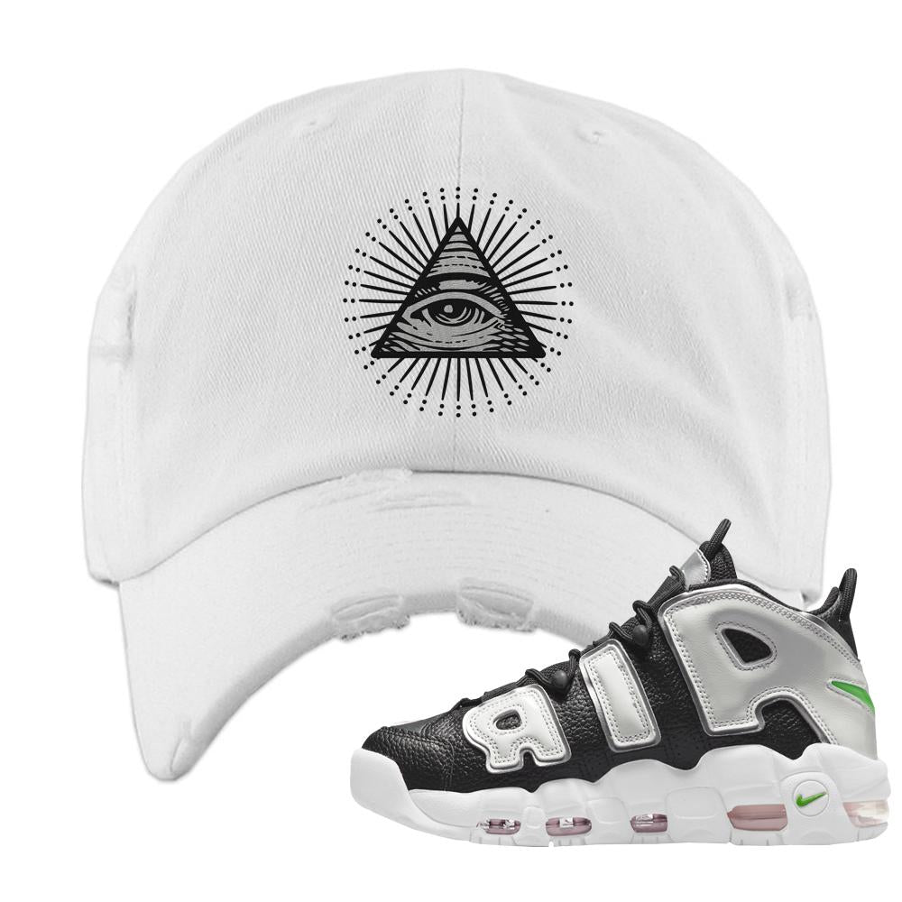 Black Silver Uptempos Distressed Dad Hat | All Seeing Eye, White