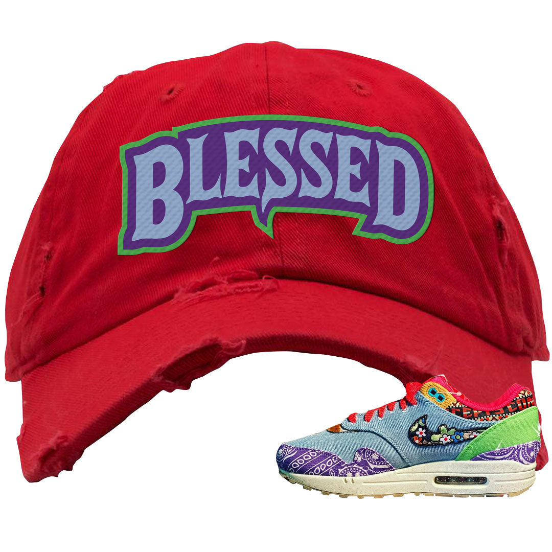Bandana Paisley Max 1s Distressed Dad Hat | Blessed Arch, Red