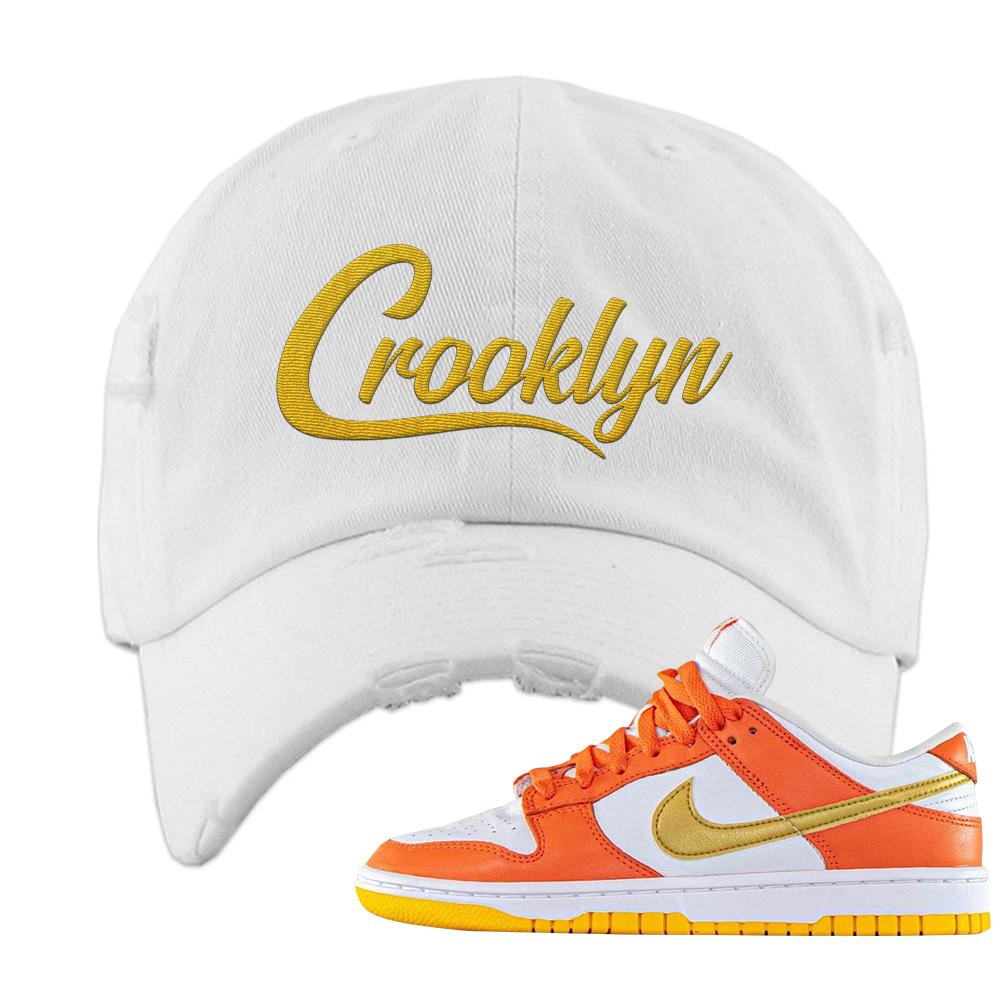 Golden Orange Low Dunks Distressed Dad Hat | Crooklyn, White