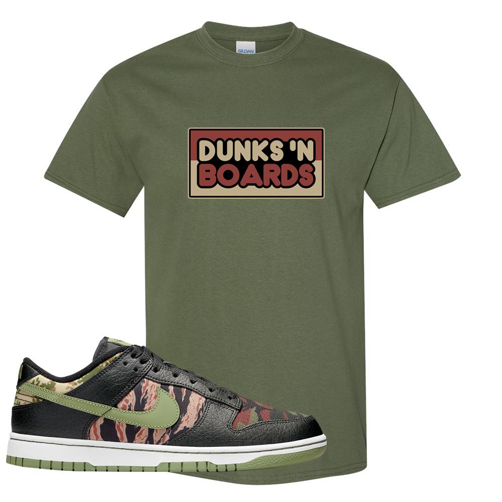 Multi Camo Low Dunks T Shirt | Dunks N Boards, Military Green