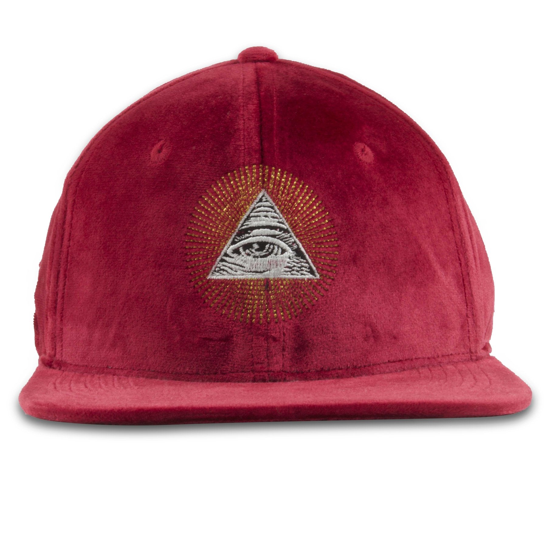 front of All Seeing Eye Pyramid Dark Red Velour Adjustable Snapback Hat | Secret society