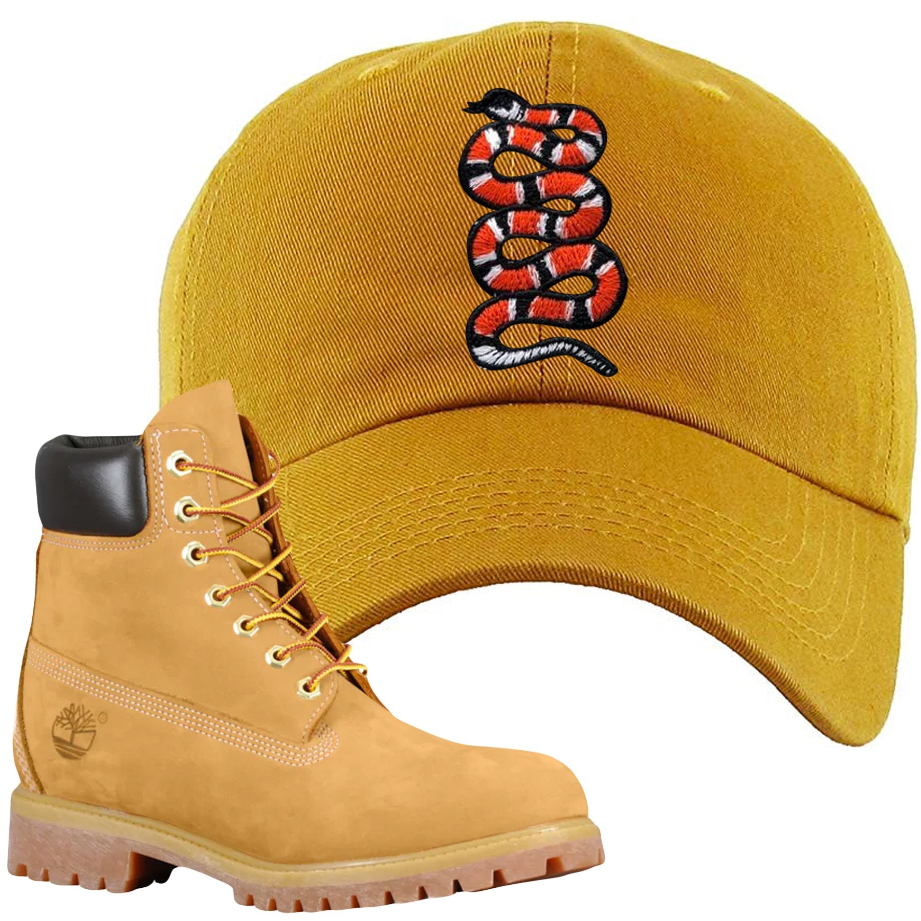 Embroidered on the front of the Wheat Timbs matching timberland boot dad hat is the matching timbs logo