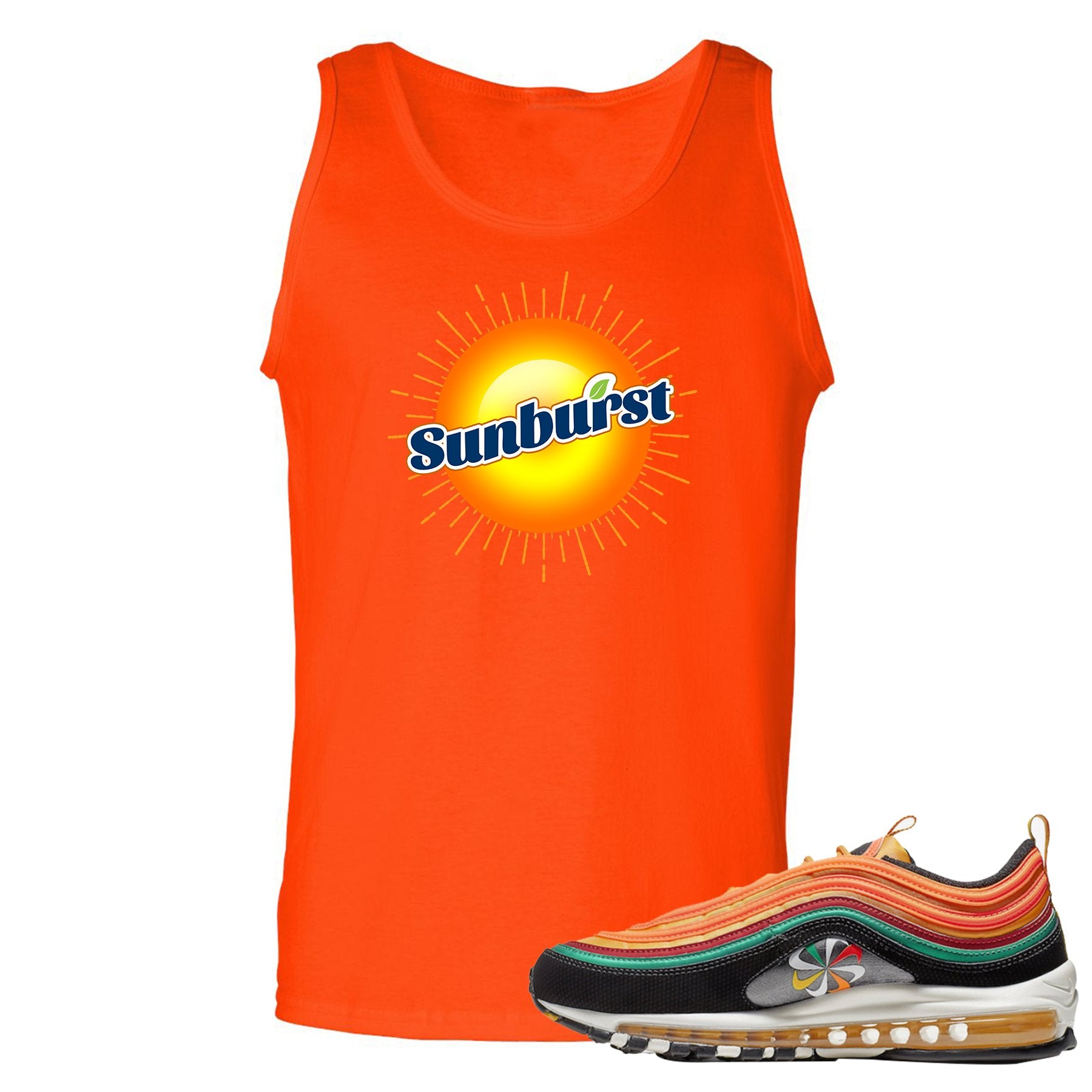 Printed on the front of the Air Max 97 Sunburst orange sneaker matching tank top is the Sunburst soda logo