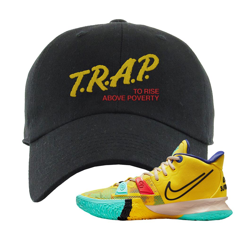 1 World 1 People Yellow 7s Dad Hat | Trap To Rise Above Poverty, Black