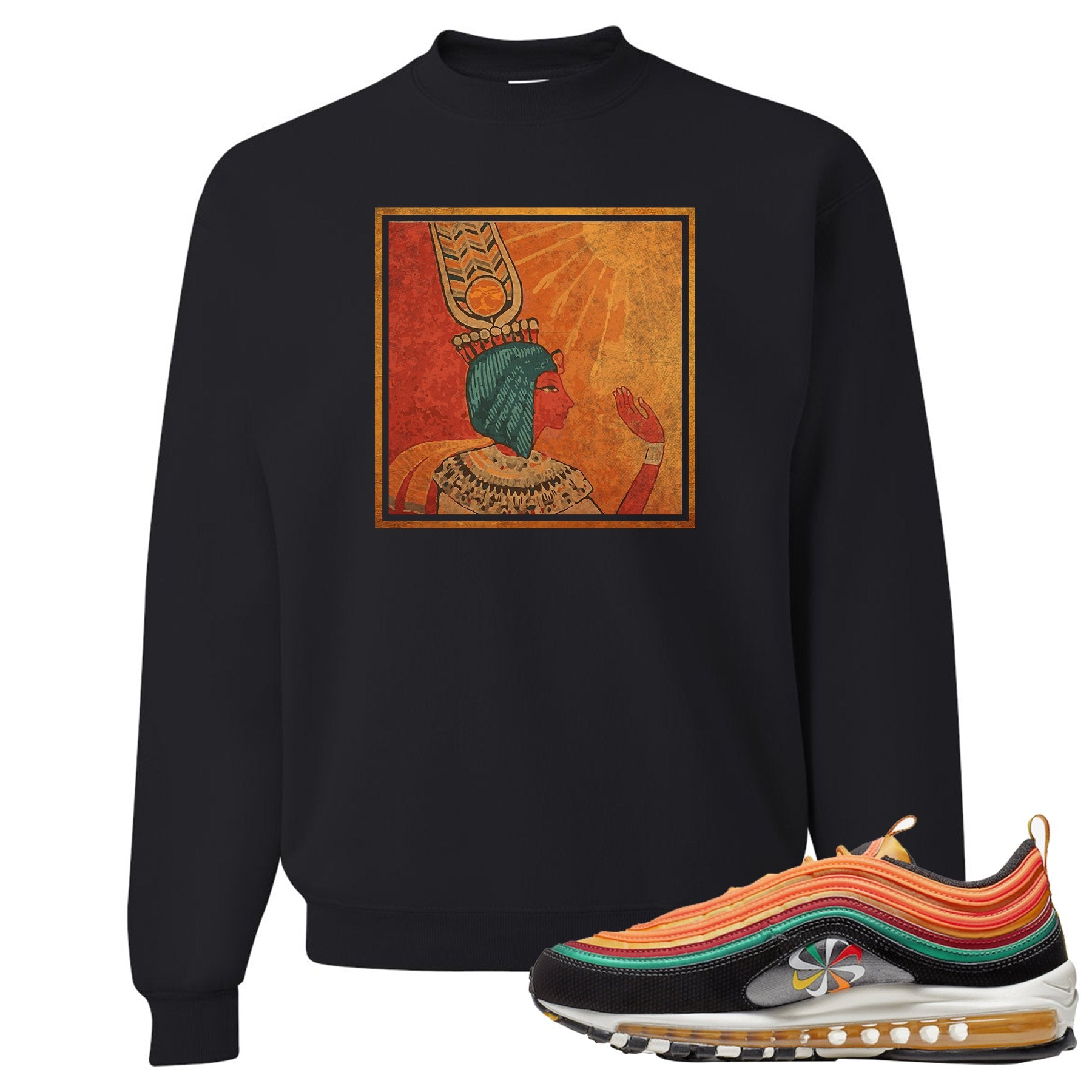 Printed on the front of the Air Max 97 Sunburst Black Sneaker Matching Crewneck Sweatshirt is the Vintage Egyptian logo