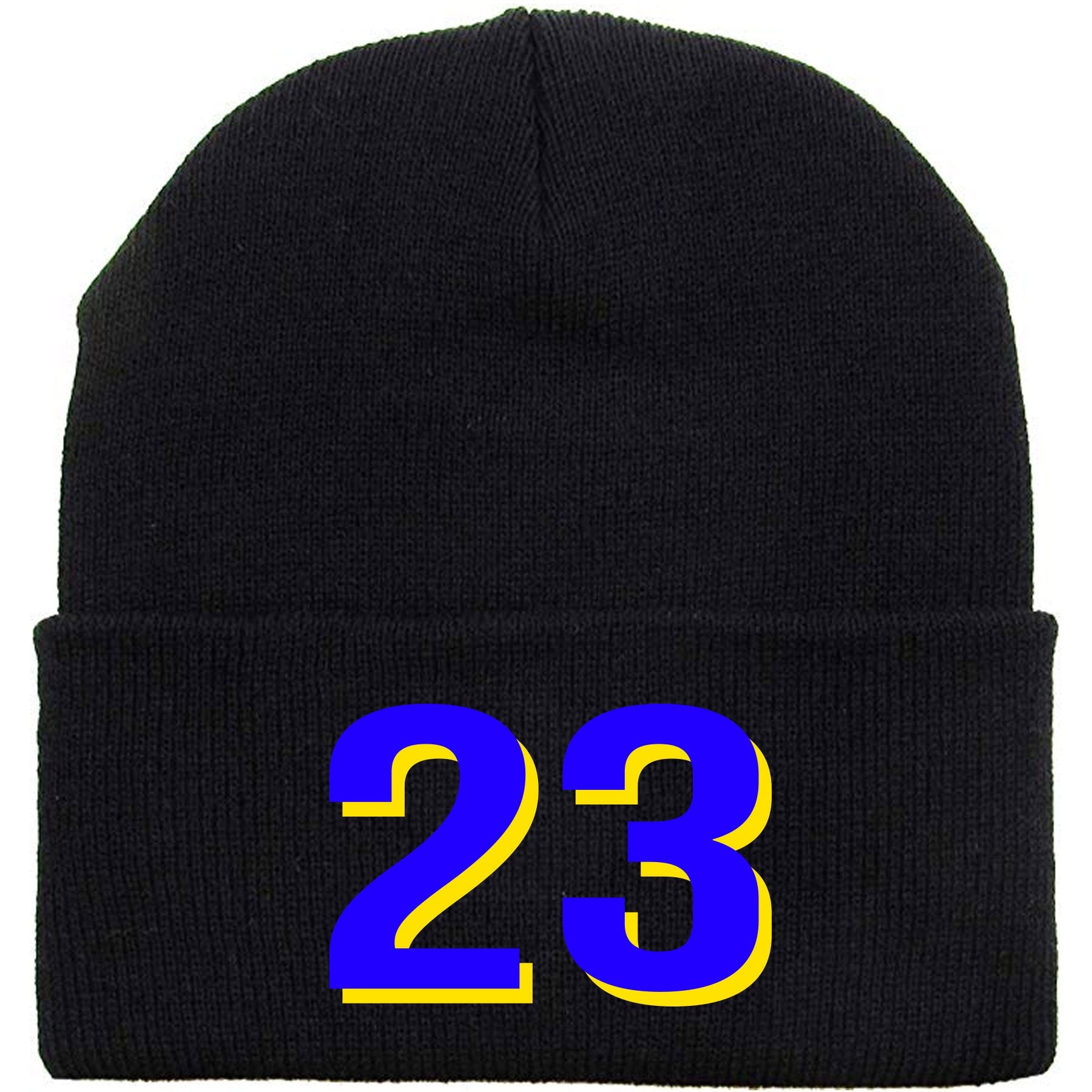Embroidered on the front of the Air Jordan 5 Laney sneaker matching beanie is the 23 logo in blue and yellow