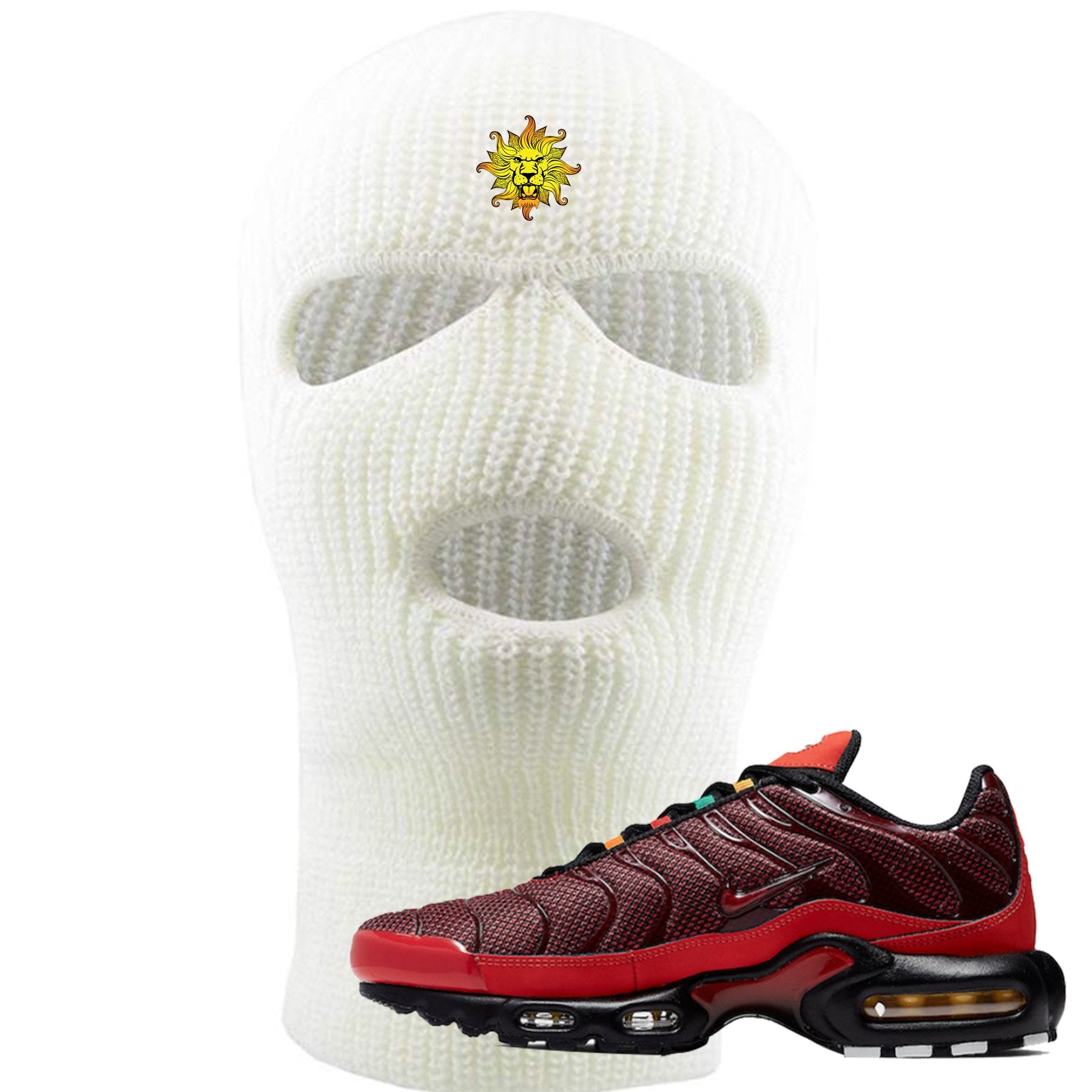 Embroidered on the forehead of the air max plus sunburst sneaker matching white ski mask is the vintage lion head logo