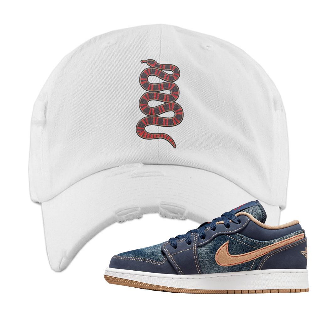 Denim Gum Bottom Low 1s Distressed Dad Hat | Coiled Snake, White