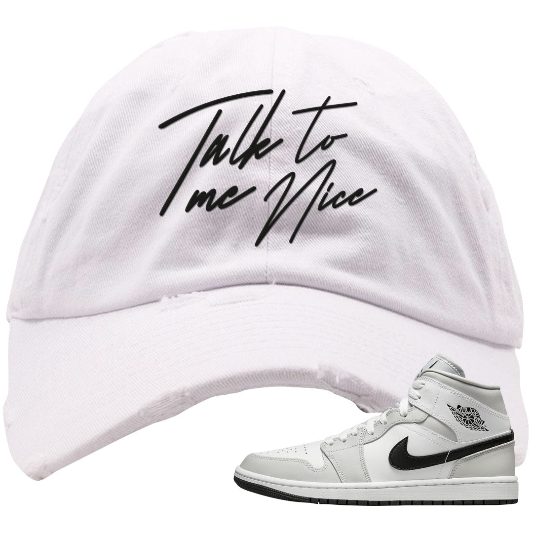 Light Smoke Grey Mid 1s Distressed Dad Hat | Talk To Me Nice, White