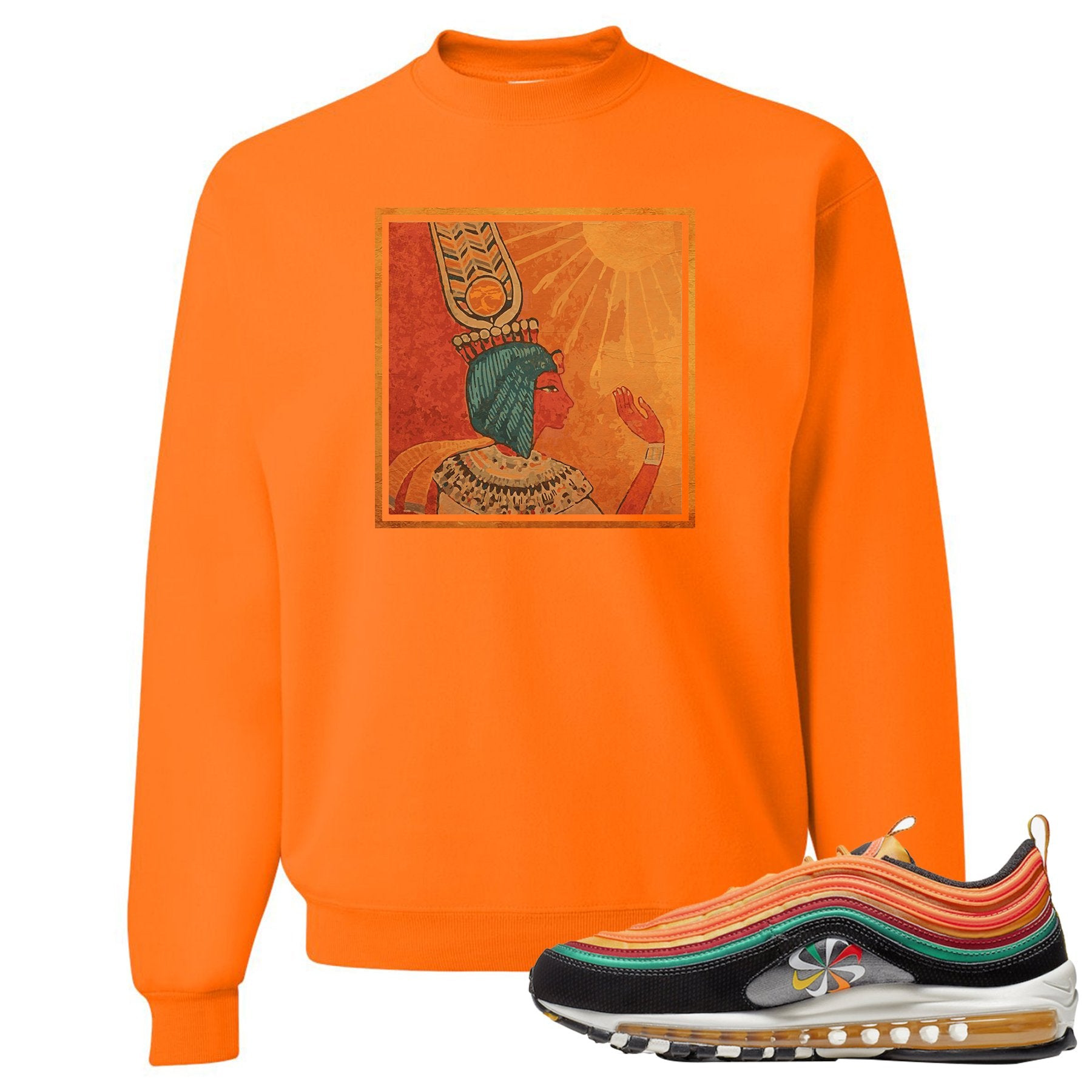 Printed on the front of the Air Max 97 Sunburst Safety Orange sneaker matching crewneck sweatshirt is the Vintage Egyptian logo