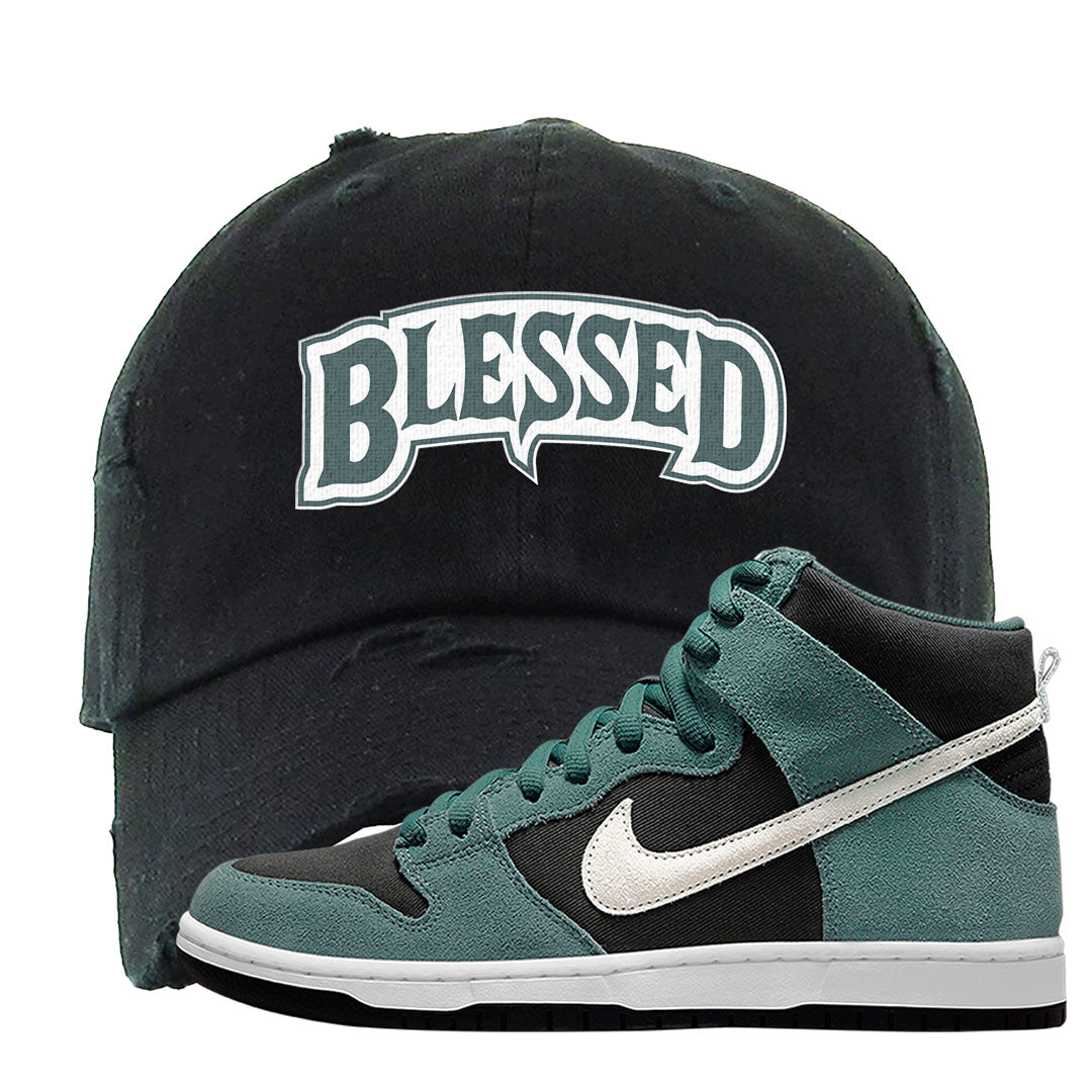 Green Suede High Dunks Distressed Dad Hat | Blessed Arch, Black
