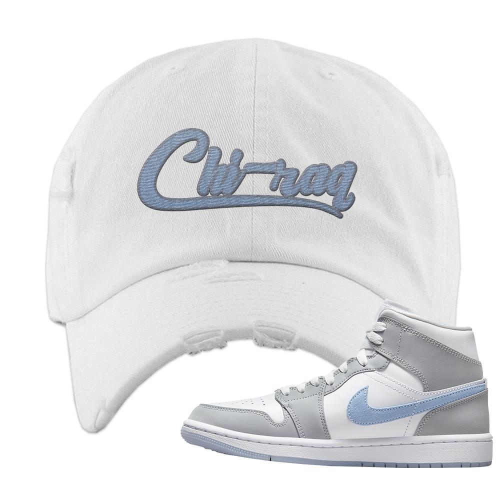 Air Jordan 1 Mid Grey Ice Blue Distressed Dad Hat | Chiraq, White