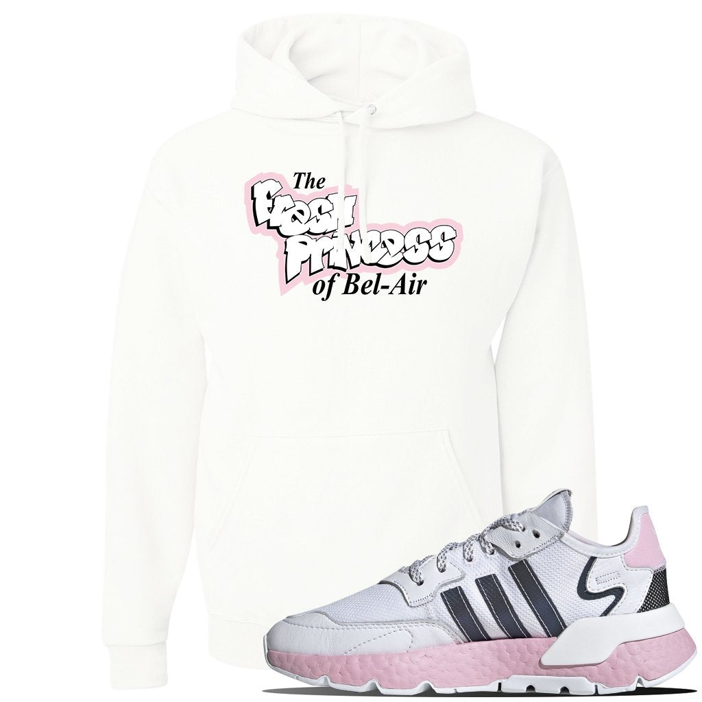 WMNS Nite Jogger Pink Boost Sneaker White Pullover Hoodie | Hoodie to match Adidas WMNS Nite Jogger Pink Boost Shoes | Fresh Princess Of Bel Air