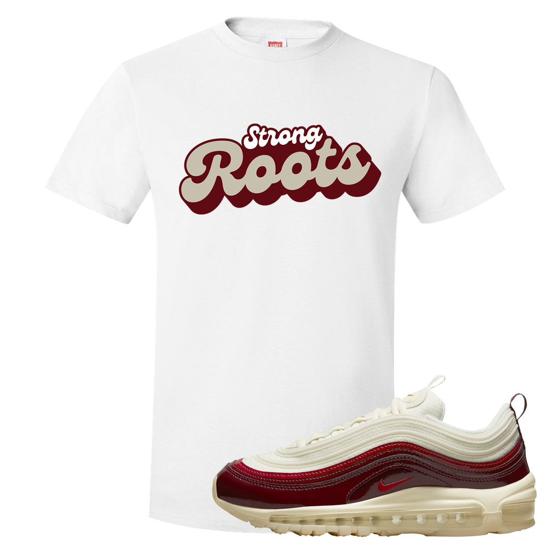 Dark Beetroot 97s T Shirt | Strong Roots, White