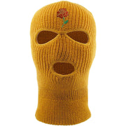 Embroidered on the front of the timberland ski mask is the rose bud logo in red, gold and green