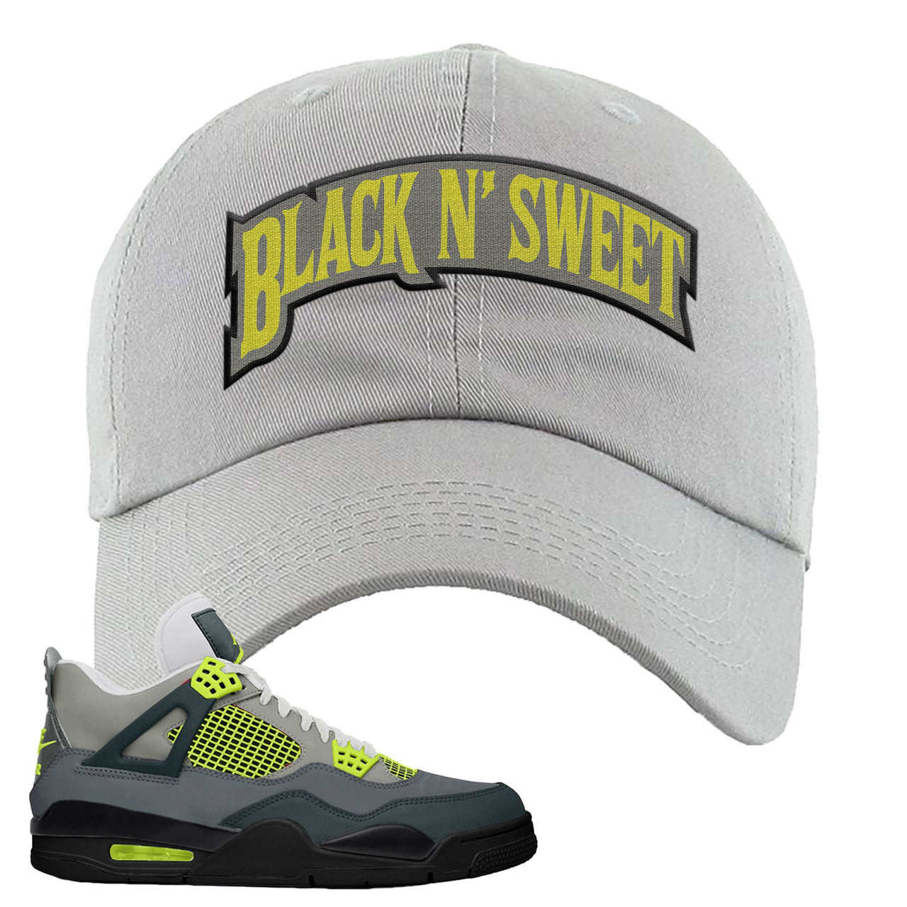 Jordan 4 Neon Sneaker Light Gray Dad Hat | Hat to match Nike Air Jordan 4 Neon Shoes | Black N Sweet Arch