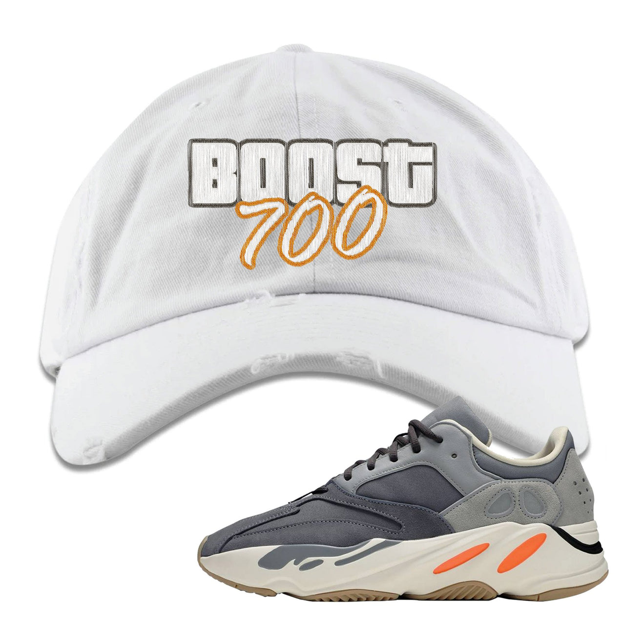 Magnet 700s Distressed Dad Hat | Video Game Cover, Lettering, White