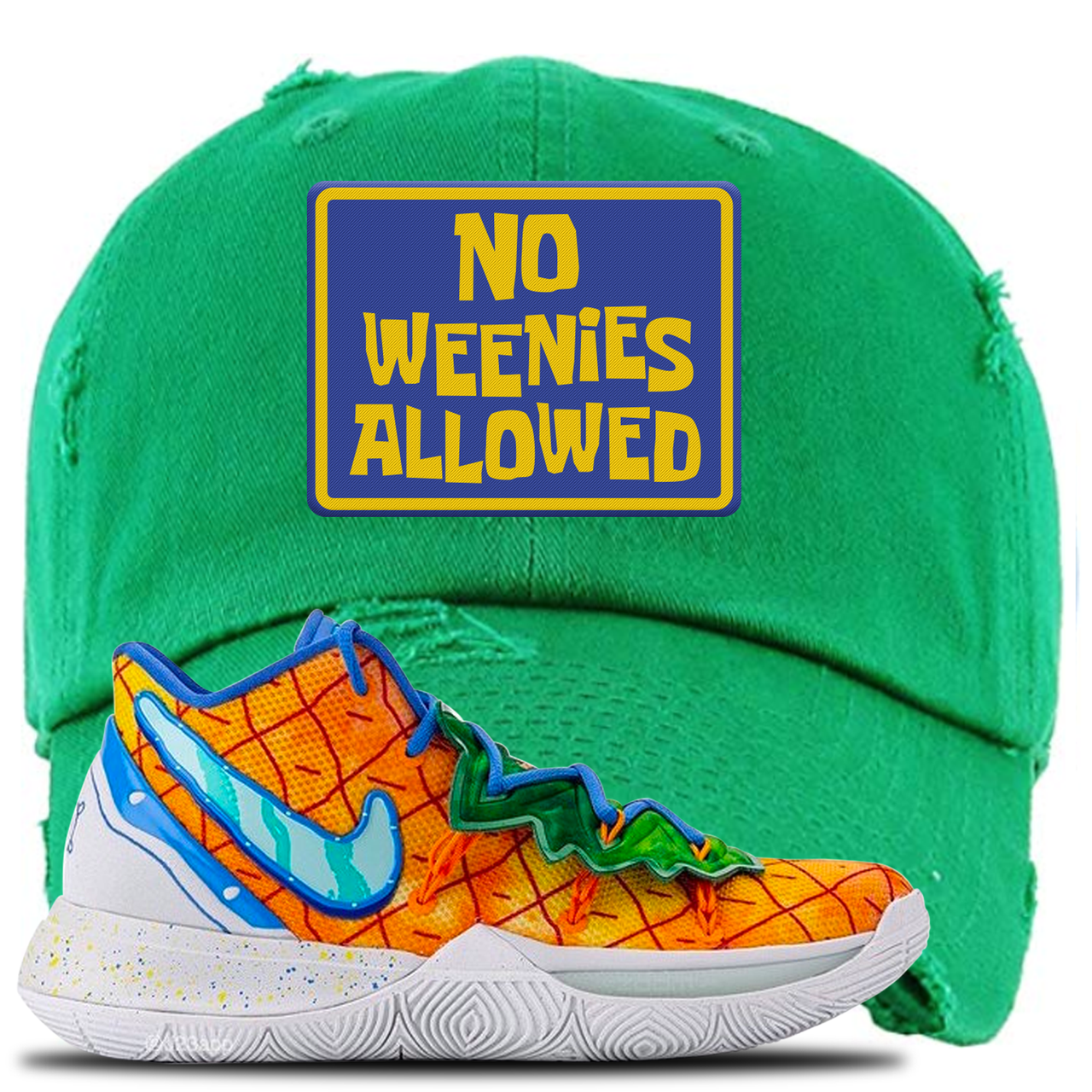 Kyrie 5 Pineapple House No Weenies Allowed Kelly Green Sneaker Hook Up Distressed Dad Hat