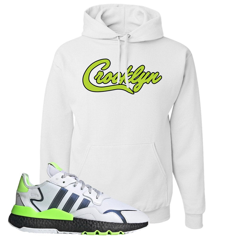 Nite Jogger Signal Green Sneaker White Pullover Hoodie | Hoodie to match Adidas Nite Jogger Signal Green Shoes | Crooklyn