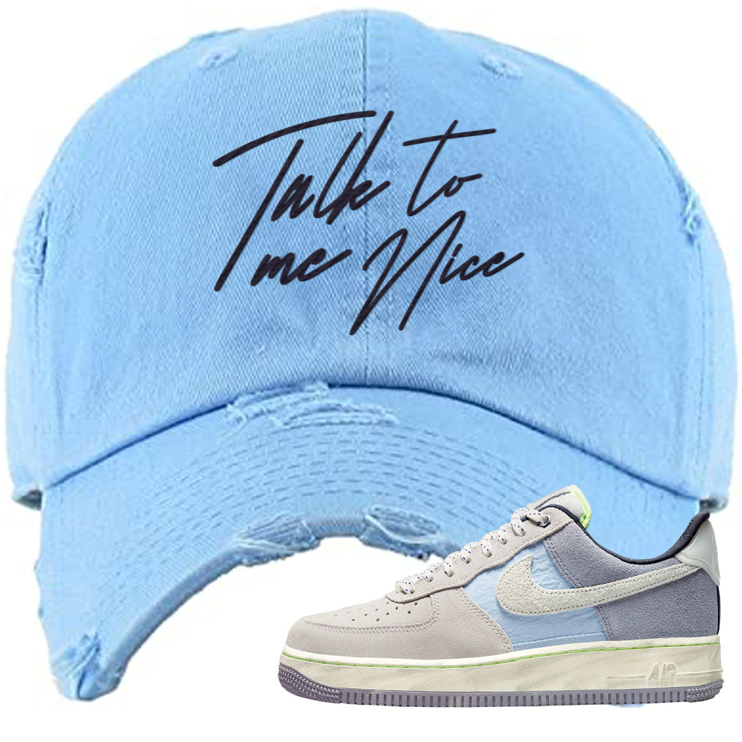 Womens Mountain White Blue AF 1s Distressed Dad Hat | Talk To Me Nice, Light Blue