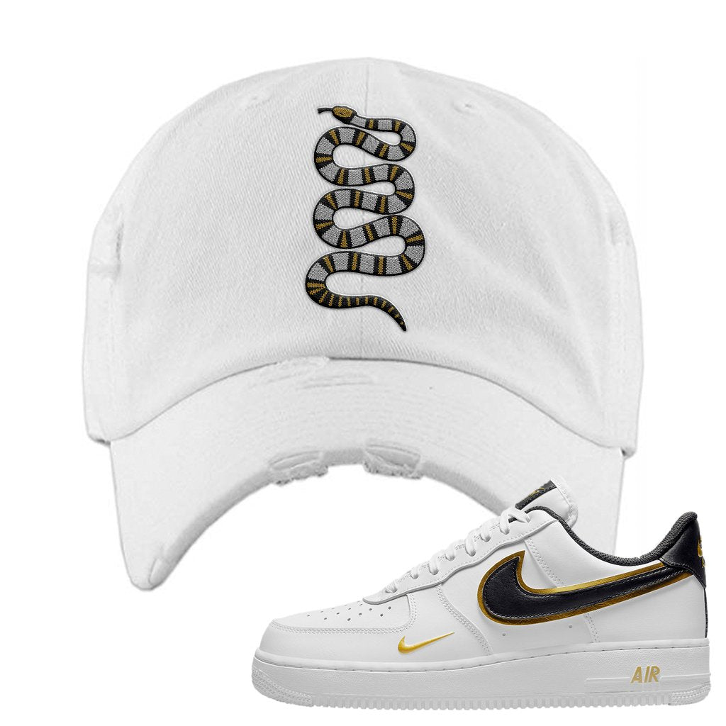 Air Force 1 Low White Gold Distressed Dad Hat | Coiled Snake, White
