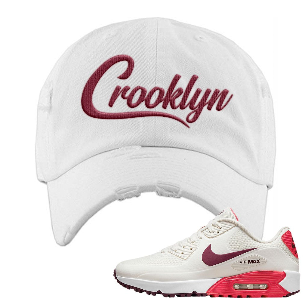 Fusion Red Dark Beetroot Golf 90s Distressed Dad Hat | Crooklyn, White