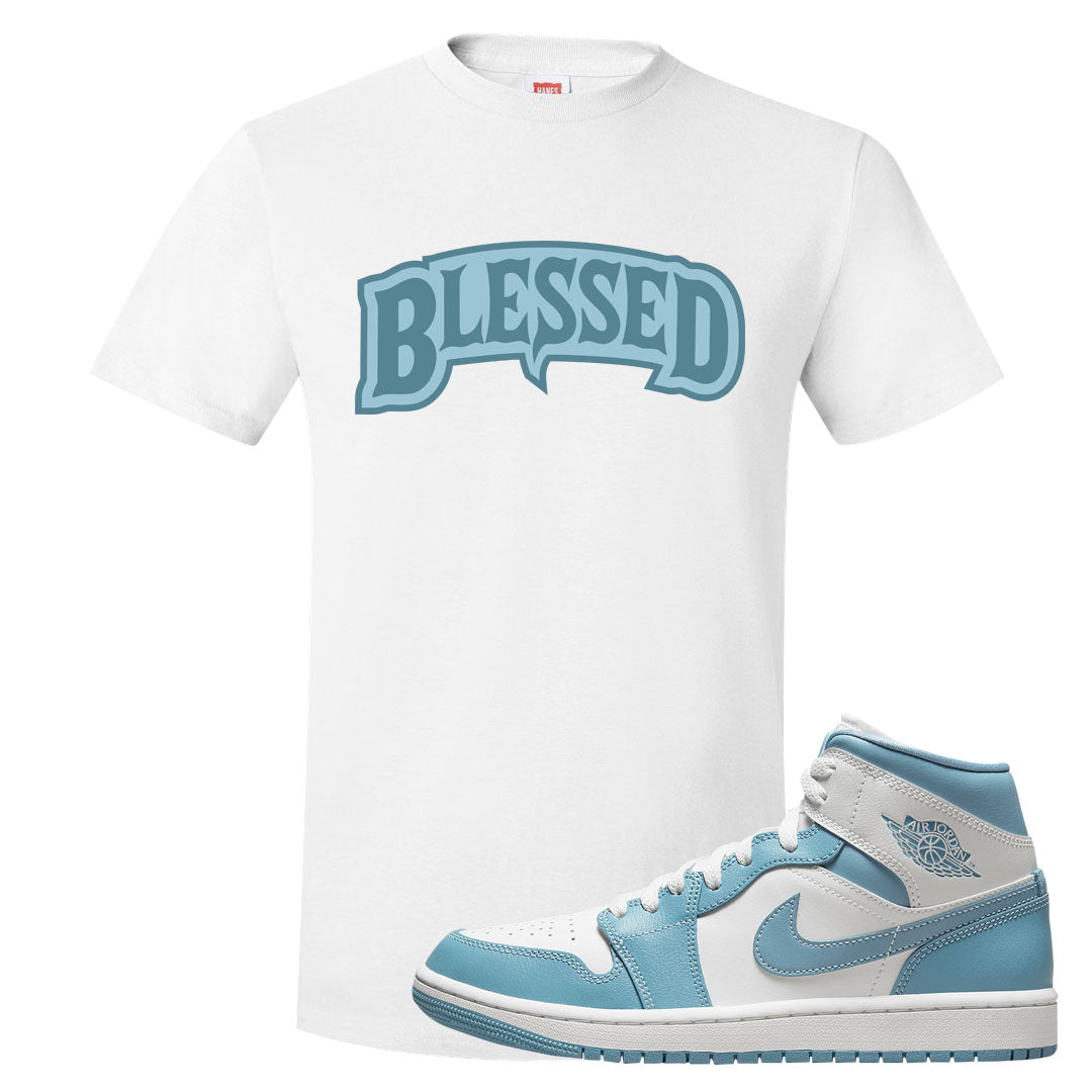 University Blue Mid 1s T Shirt | Blessed Arch, White